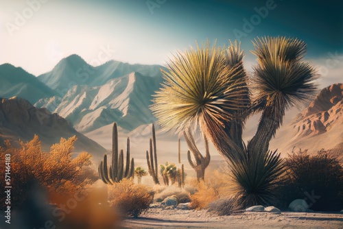 Palm springs landscape, cactus, mountains. Generative AI.