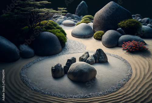 Traditional Japanese rock garden with strategically placed stones. Calm and clarity through simplicity and repetition. Generative AI