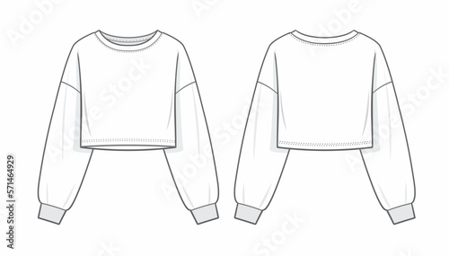 Cropped Sweatshirt fashion technical drawing template. unisex Sweatshirt template, Oversize Sweatshirt technical fashion Illustration, front and back view, white color, women, men, unisex CAD mockup.