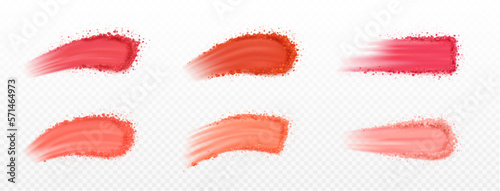 Set of vector realistic face blusher powder smear. Isolated makeup cosmetic swatch on transparent background. Mineral product stroke, beauty product samples. Broken powder sample texture, pink colors