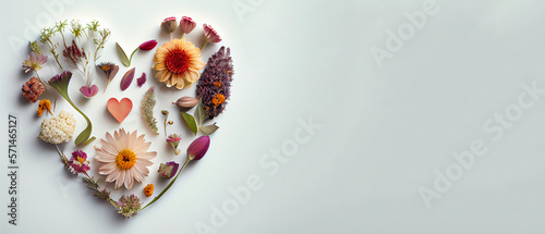  leafs flowers branch rustic flowers gathered make a shape of heart generative ai