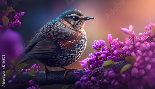 purple color theme bird spring nature. Generative AI © nadunprabodana