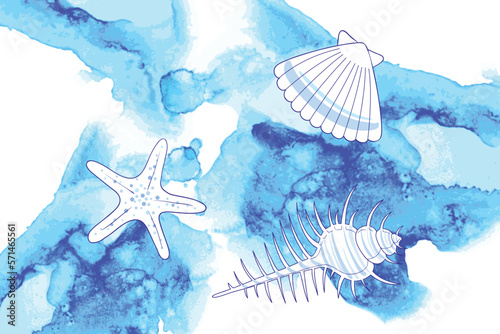 seashell starfish blue ocean wave splash watercolor nature background