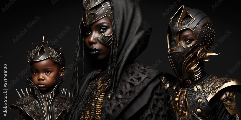 Coole afrikanische Familie im Porträt beim Fotografen im Studio, alle in Schwarz angekleidet ai generativ Coole afrikanische Familie im Porträt beim Fotografen im Studio, alle in Schwarz angekleidet ai generativ