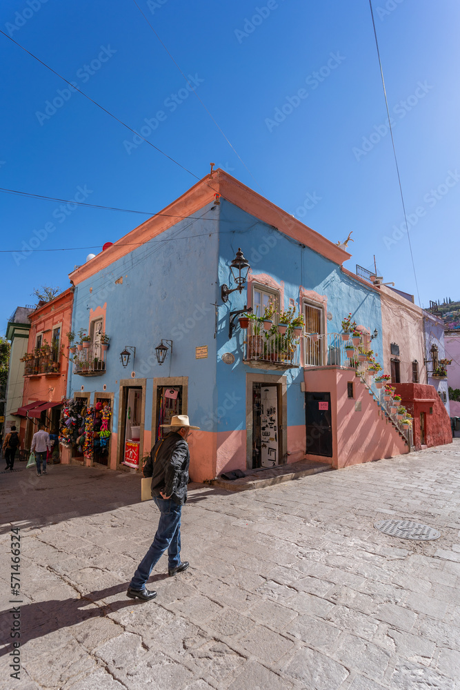 Beautiful, bright and colorful city streets in the Mexican city of Guanajuato.