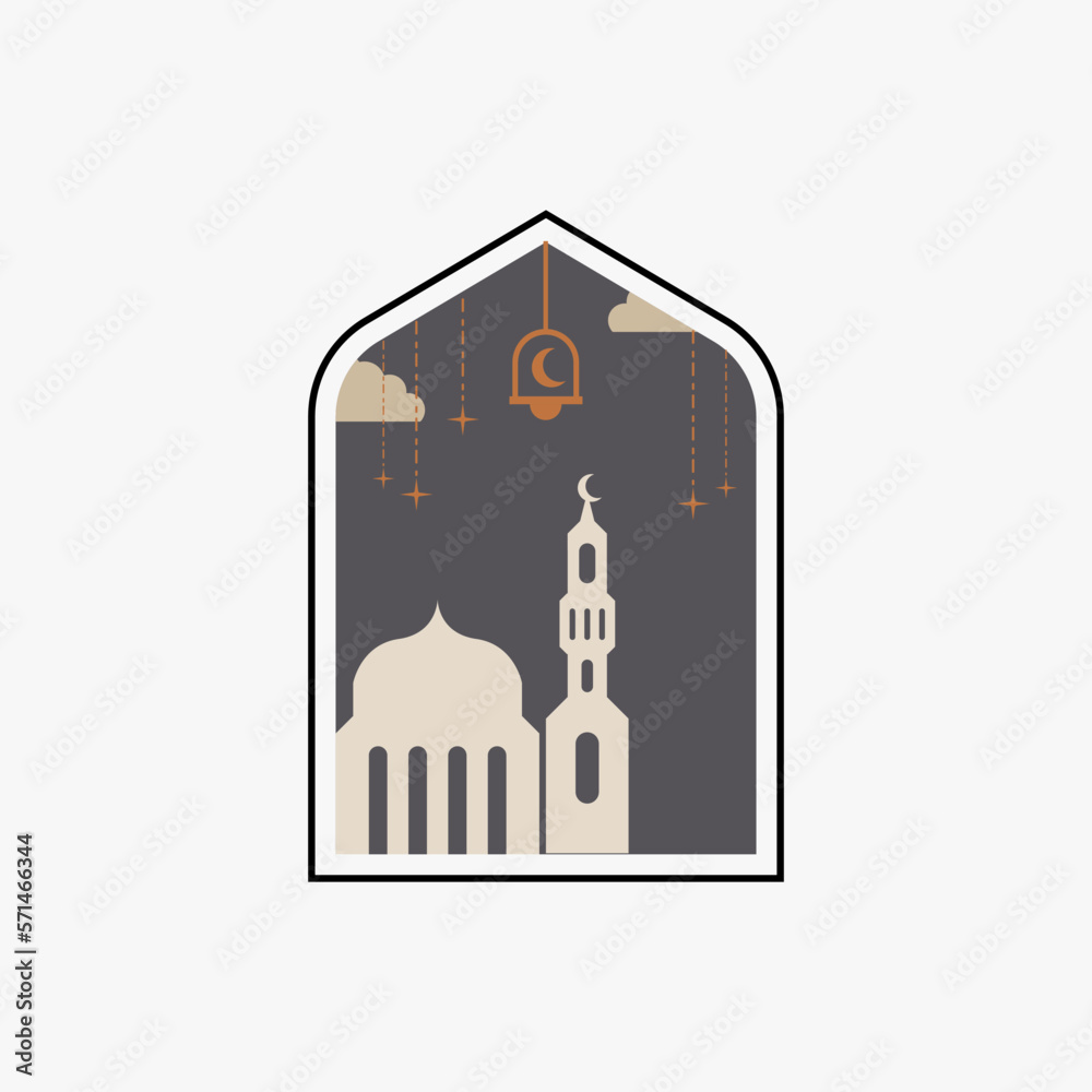 Ramadan Eid Mubarak post art with Boho arch. Modern Islamic pattern. Card with Arabian mosque towers and moon. Religious holiday. Night landscape