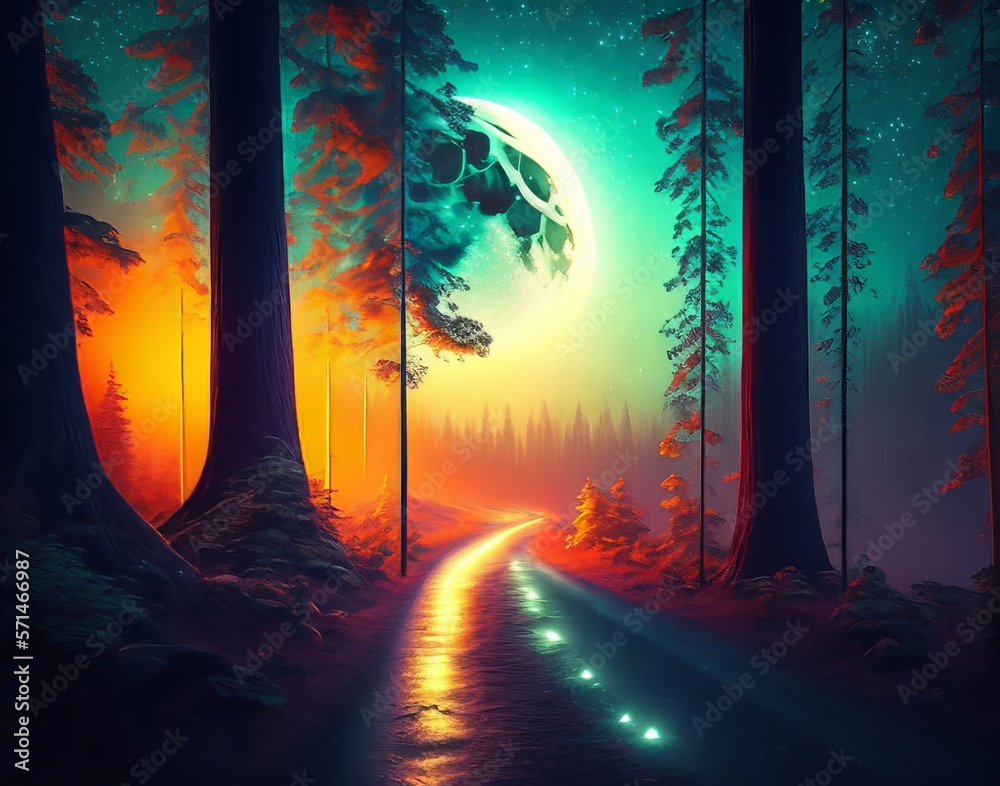 Obraz premium Best Forest Road with Moon Lights Effects Night Landscape Horror Scene Realisti Background Ai