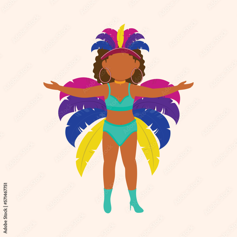 Faceless Female Samba Dancer Character On Cosmic Latte Background. Faceless Female Samba Dancer Character On Cosmic Latte Background.