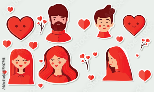 Young Male And Female Charcter With Hearts For Valentine's Day Or Love Sticker Collection.