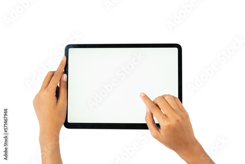 Naklejka two hand holding tablet horizontally for mockups
