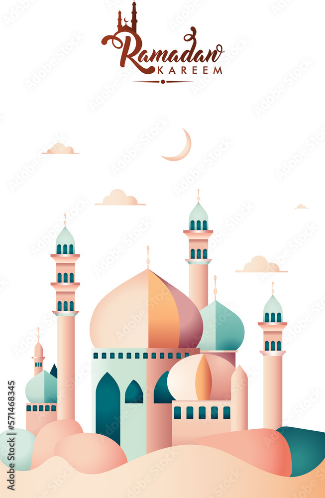 Ramadan Kareem Vertical Banner Design With Beautiful Mosque, Crescent Moon.