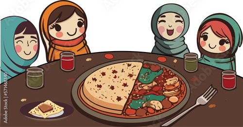 Cheerful Muslim Female Kids Enjoying Delicious Meals At Dining Table. photo