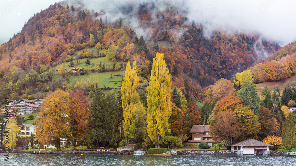 Snow and clouds covered the mountain during autumn in Interlaken, Switzerland.