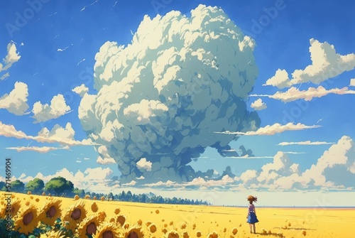 Rural picturesque farm in summer with vibrant vivid yellow sunflowers. Warm  sunny and wholesome countryside scenery with breathtakingly beautiful cumulus clouds far into the horizon - generative AI