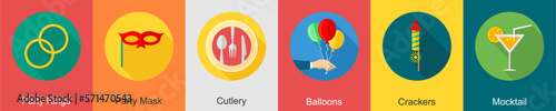 A set of 6 Party icons as party rings, party mask, cutlery