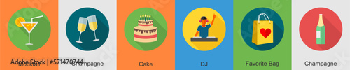 A set of 6 Party icons as mocktail, champagne, cake