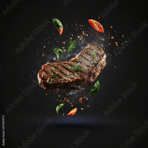 Savor the Flavor: Flying Steaks in a Black Background With Generative AI photo