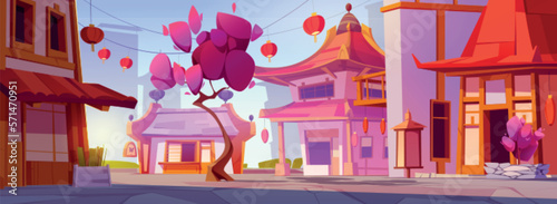 Street view in Chinatown with cherry blossom cartoon landscape. Sakura tree near japan building and city road in village. Travel to lantern on asian house or oriental cityscape. © klyaksun