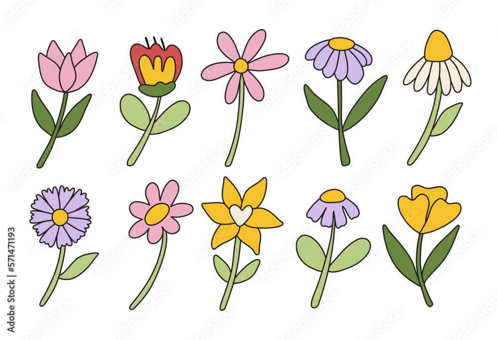 Obraz premium Set of retro groovy hippie flowers. Collection of different flowers in a hippie style.