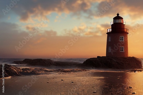 Tela Wood End Lighthouse in Provincetown on Cape Cod, Massachusetts, USA, oceanside beach seascape at golden sunset
