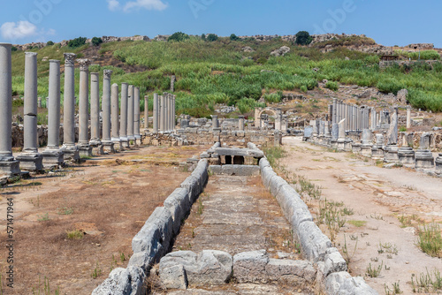 Perge, or Perga is ancient Anatolian city in Pamphylia. Main street. Colonnade and part of water-supply system. Antalya region, Turkey (Turkiye). Travel and ancient history concept
