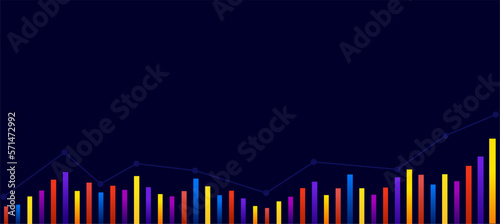 Statistical background with dark blue landscape size, with bar chart table elements in various color variations depicting the increasing trend of business data
