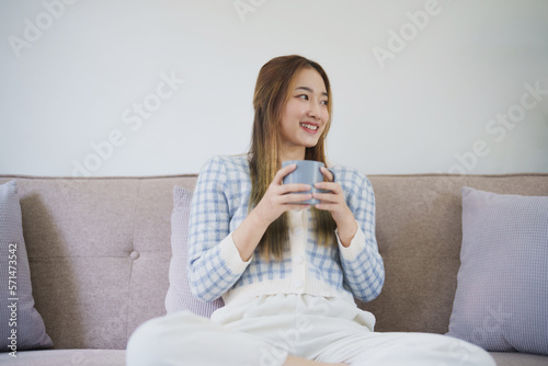 Happy asian woman mental health concept. in cozy home.