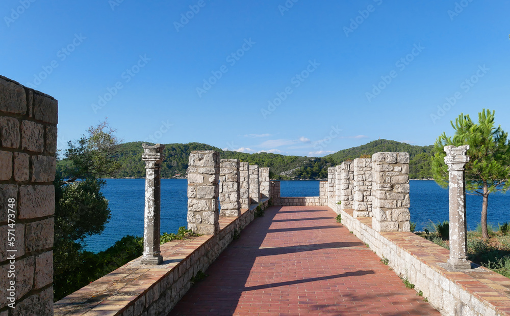 Low-angle view of the stone pier at St Mary's Island, Mljet National Park, Croatia