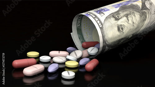 Verschiedene Tabletten und Dollarschein - Medikamente und Kosten photo