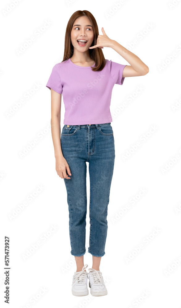 Studio shot of cheerful beautiful Asian woman stand with hand show calling on screen background, PNG transparent. Studio shot of cheerful beautiful Asian woman stand with hand show calling on screen background, PNG transparent.