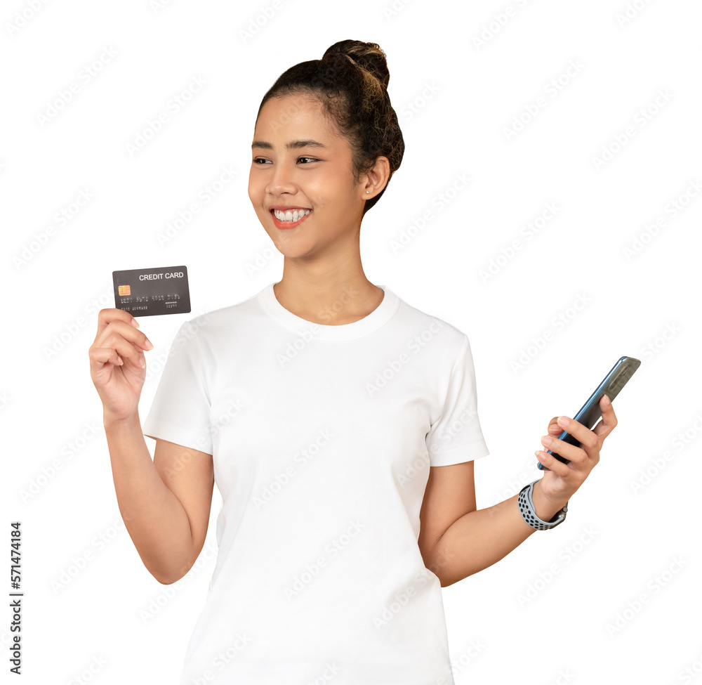 Cheerful young Asian woman holding smartphone with show mockup credit card on screen background, PNG transparent.