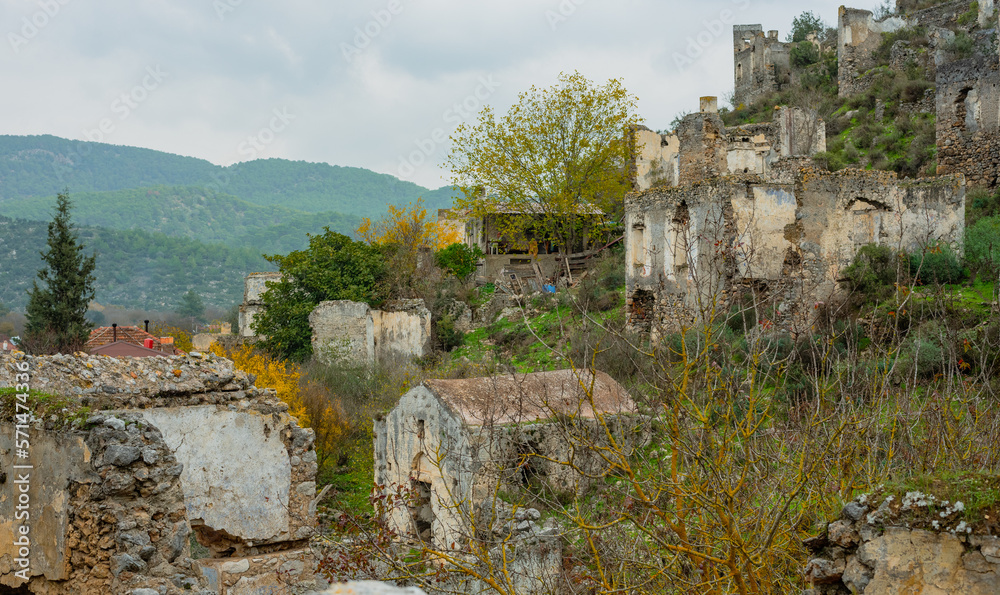 Abandoned Greek village in Turkey. Stone houses and ruins of Fethiye Kayakoy.