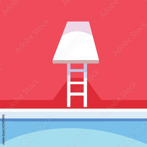 Diving board by blue water swimming pool vector illustration isolated on square red background. Simple and flat art concept design for social media post cover, poster, banner, and others.