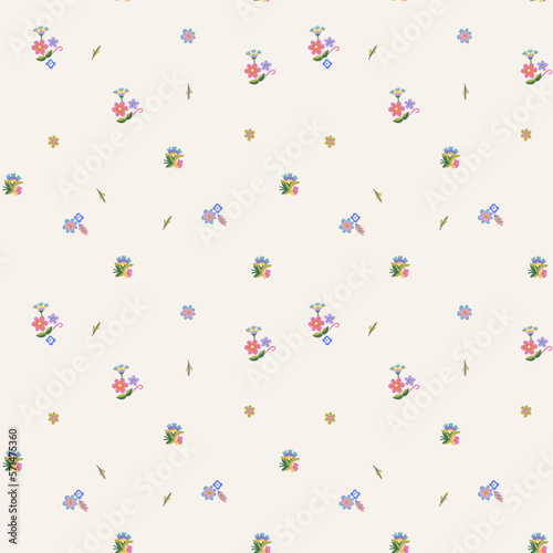 A pattern of multicolored small flowers on a white background. Cute floral aesthetic composition for wallpaper, print, poster, postcard, phone cases, banner, fabric, textiles.