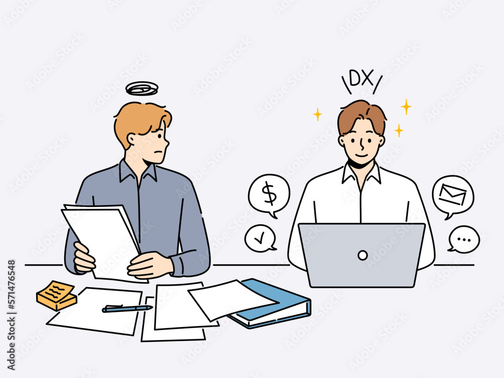 Frustrated male employee look at colleague efficient working on computer with DX conversion. Confused worker with paperwork and efficient one comparison. Vector illustration. 