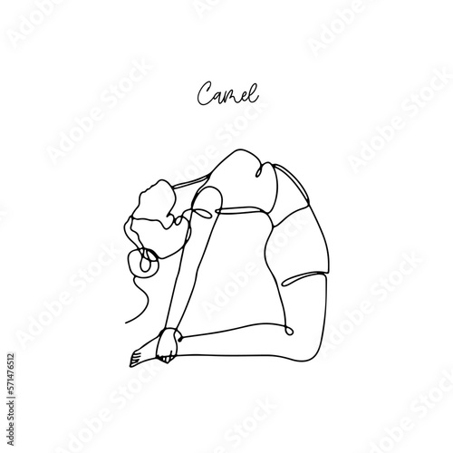Single line drawing of a girl in camel yoga pose with name text. Linear hand drawn doodle on white background