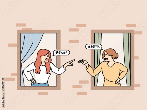 Angry women look out of house windows quarrelling. Furious female neighbors fight or argue living next doors. Vector illustration. 