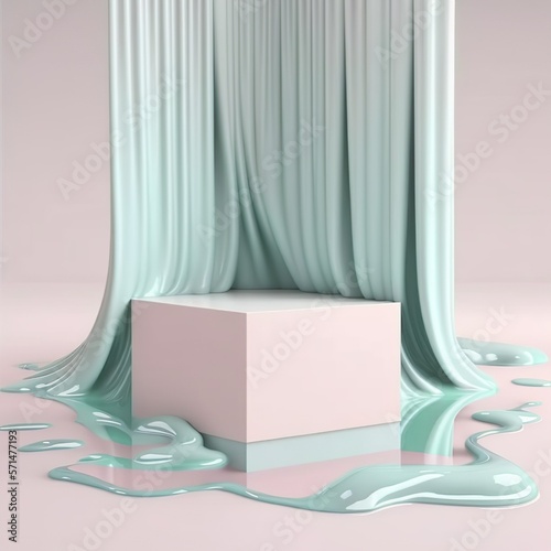 3d render abstract platform podium on water and waving curtains. Realistic pastel mock-up for product promotion. Abstract modern minimal background