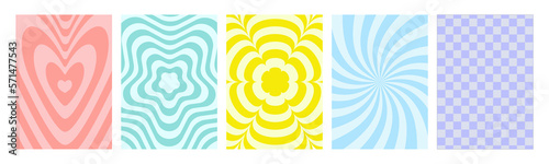 Groovy hippie 70s backgrounds set.  Checkerboard, chessboard, mesh, waves, swirl, twirl pattern with heart, daisy flower. Twisted and distorted vector texture in trendy retro psychedelic style. 