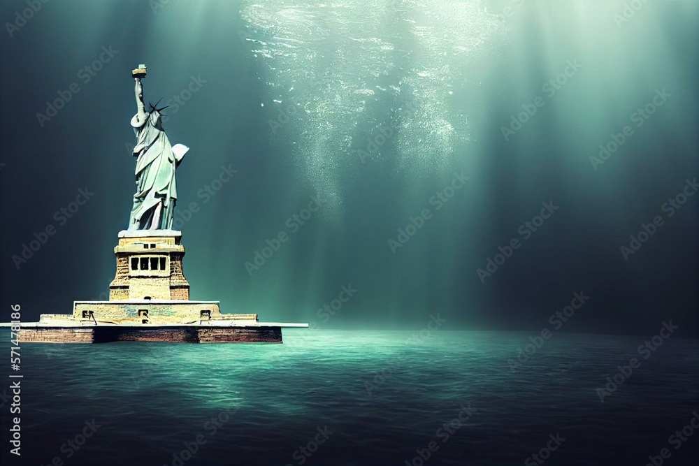 Statue of Liberty Underwater. Catastrophe and global warming, concept