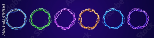 Ui circle border for profile avatar in game with electricity lightning effect. Neon thunderbolt frame set vector isolated. Different fantasy interface elements for user wreath. Winner ring design.