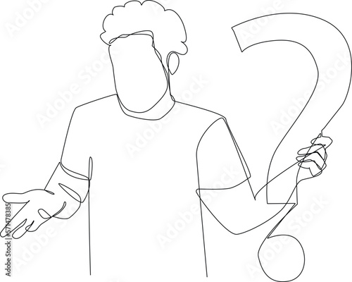 Continuous one line drawing boy and question mark. Frequently Asked Questions Concept. Single line draw design vector graphic illustration.