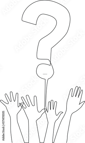 Continuous one line drawing hands raised to ask. Frequently Asked Questions Concept. Single line draw design vector graphic illustration.