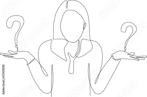 Continuous one line drawing woman and question mark. Frequently Asked Questions Concept. Single line draw design vector graphic illustration.