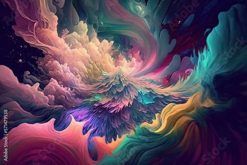  Abstract background, 3d colorful clouds and waves in motion. Overlapping layers of liquid paint. Generative AI