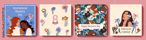 Happy Women's day greeting card set. March 8 holiday background with diverse female characters and flowers. International womens day. Vector design for poster, postcard, invitation, flyer