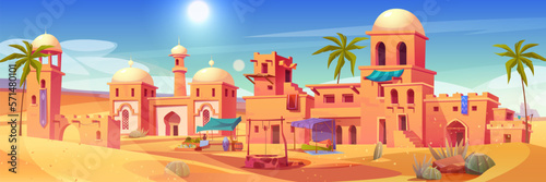 Ancient arab city with market and palace in desert. Vector cartoon illustration of sandy area with traditional yellow houses, antique castle, islamic mosque buildings, palms. Travel game background