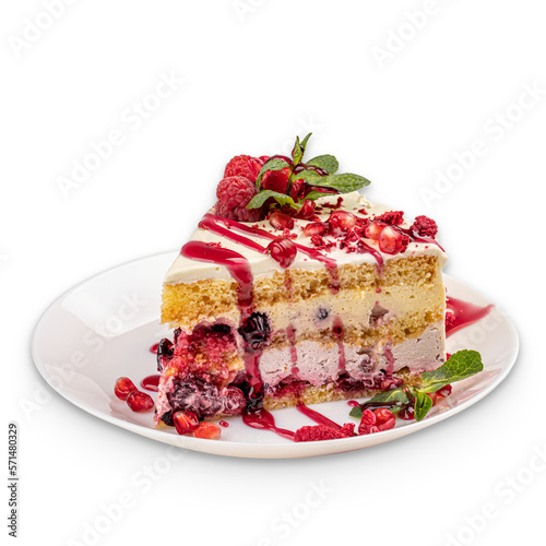 Tablou canvas Slice of layered creamy fruit cake