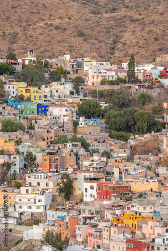 Very beautiful view of the city at sunset in the Mexican city of Guanajuato surrounded by large mountains.