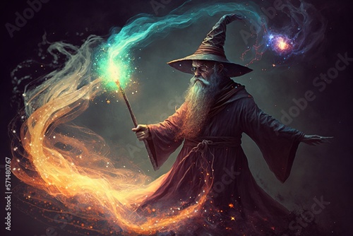 Wizard with magic wand. Generative AI.